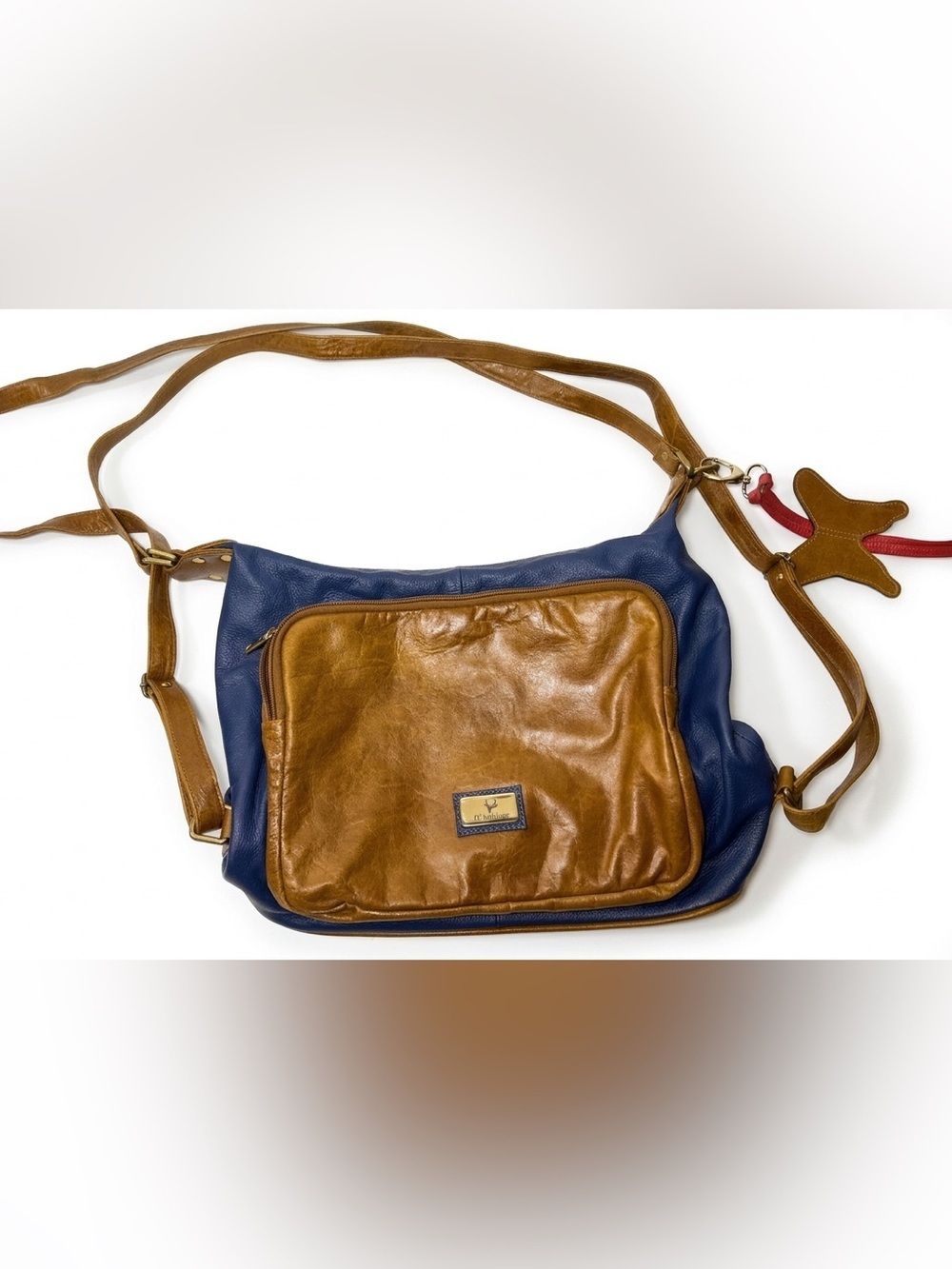 D'Antille Two-Tone Leather Crossbody Bag - Navy & Cognac with Butterfly Charm
